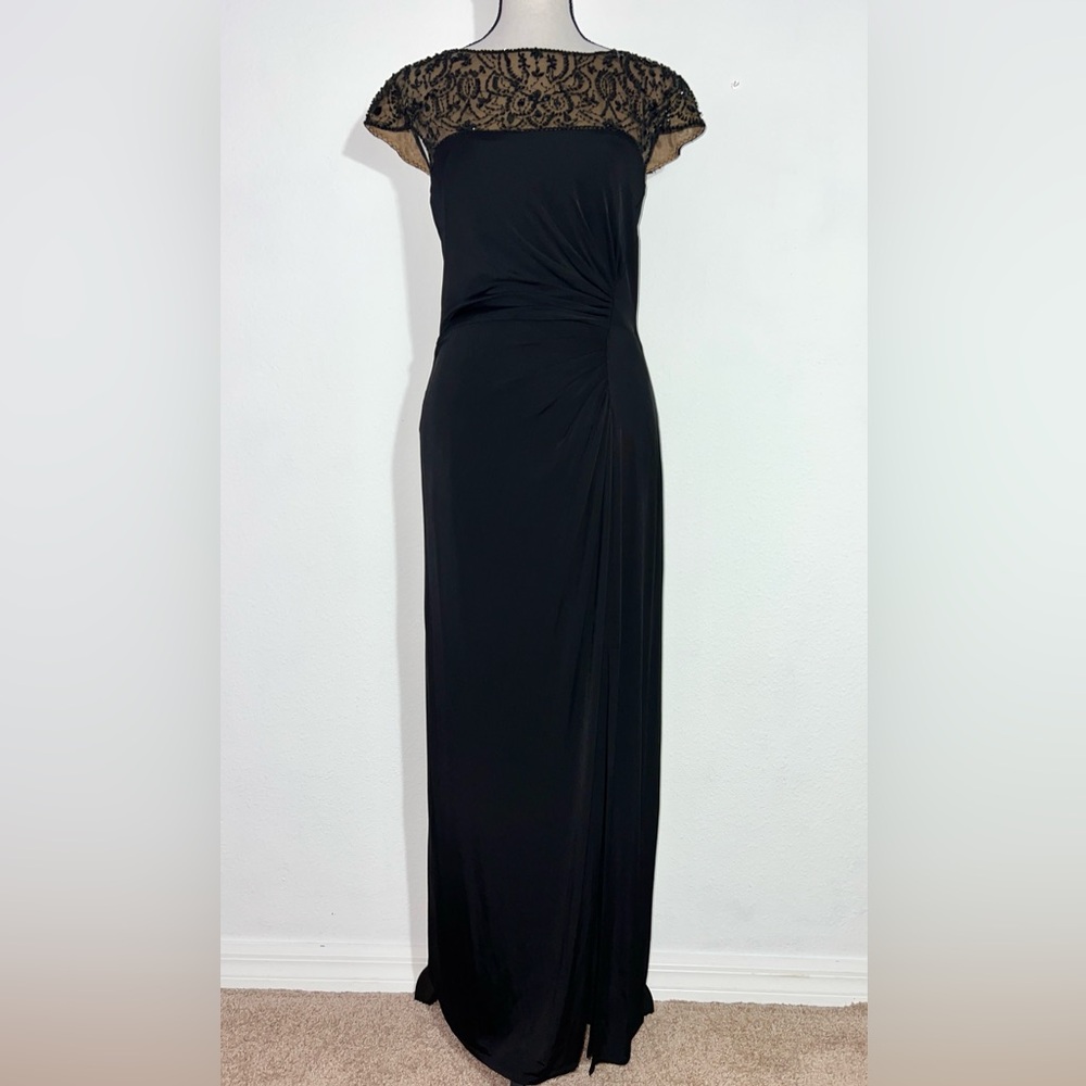Tadashi Collection Beaded Sequin Cap Sleeves Black Gown Maxi Dress Size XS